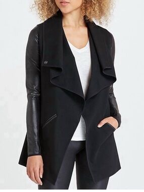 SPANX drape front jacket with leather-look sleeves. X-Small